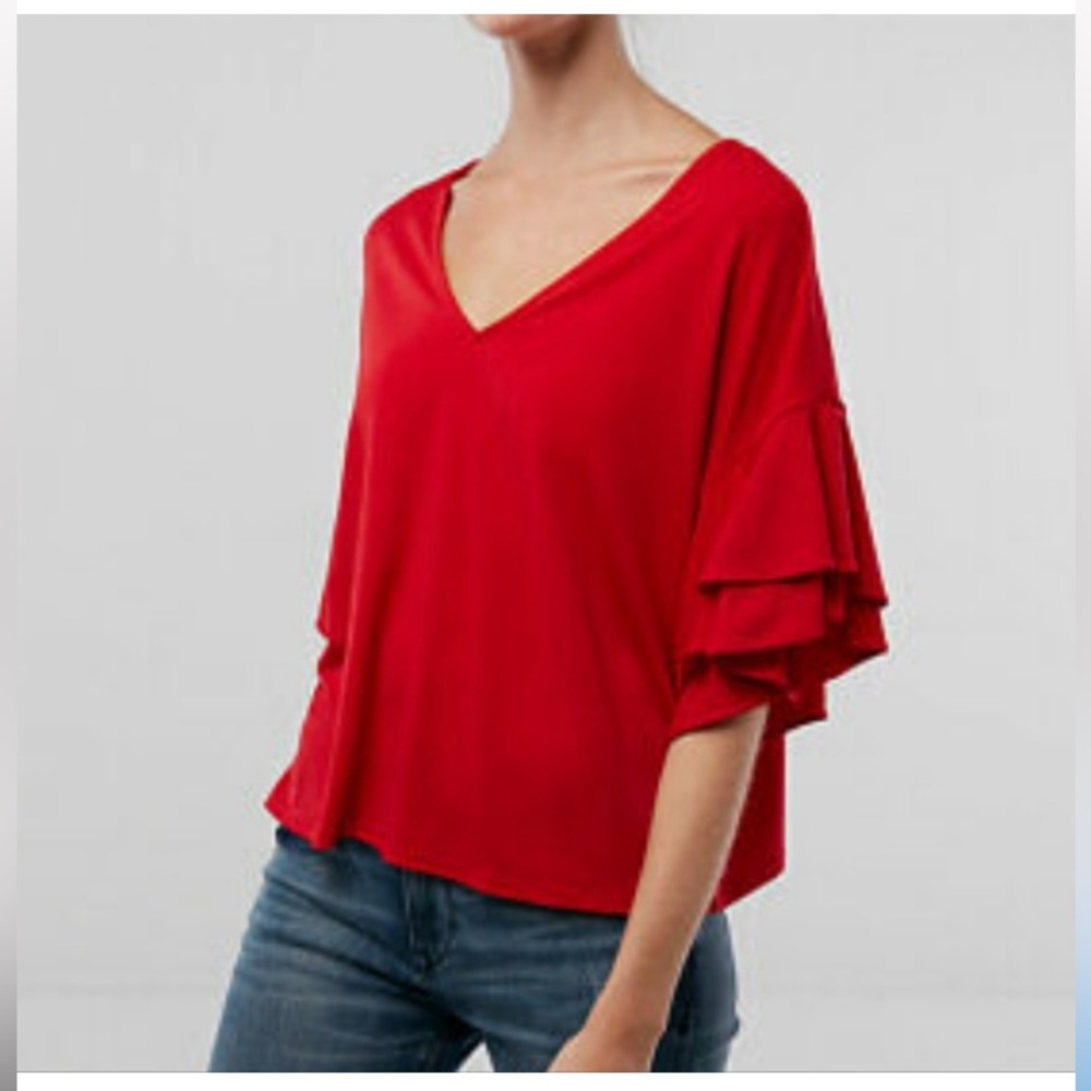 Express red v neck top ruffle layered sleeves oversized short sleeve top small